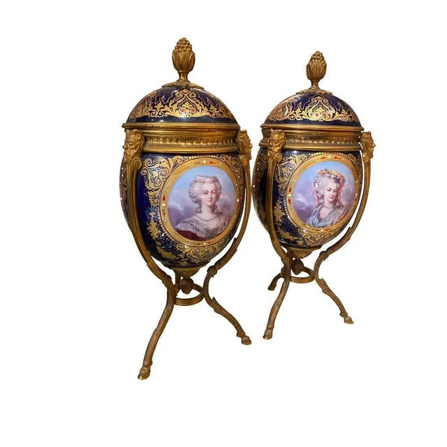 Antique Sèvres Style Ormolu Mounted Vases and Covers, 1860, Set of 2 For Sale - Image 4 of 13