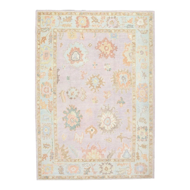 Early 21st Century Pink Multicolor Handwoven Turkish Oushak Rug 6'2" X 8'10" For Sale