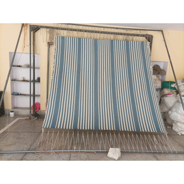 Handmade Thick Woolen Flat Weave Rug, Sky Blue and White Striped Wool Rug - 8'x8' For Sale - Image 10 of 14