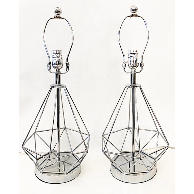 Vintage Chrome Geometric Table Lamps, Usb Charging Port on Base-A Pair For Sale - Image 4 of 9