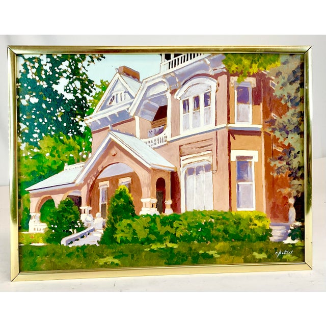 This is a lovely original oil painting by Nebraska artist C. Pettit. The subject is a Victorian house in the morning sun....