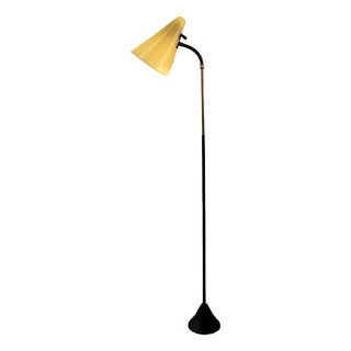 Mid-Century Floor Lamp in Black Metal and Brass with Yellow Shade, Sweden, 1950s For Sale
