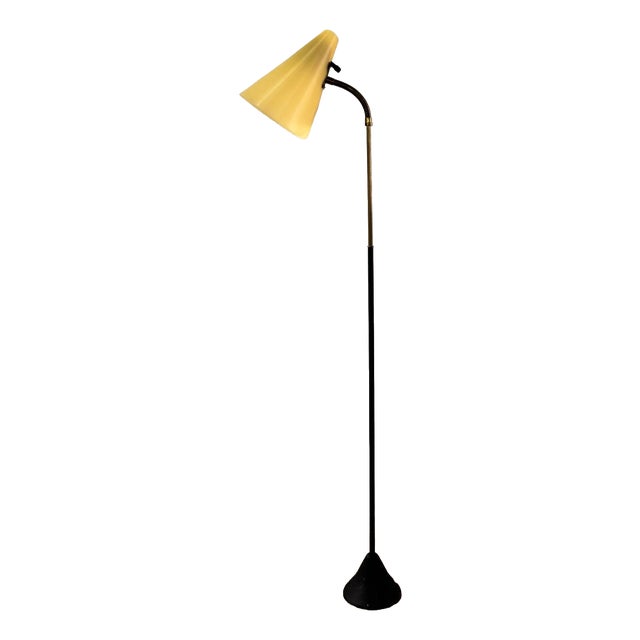 Mid-Century Floor Lamp in Black Metal and Brass with Yellow Shade, Sweden, 1950s For Sale