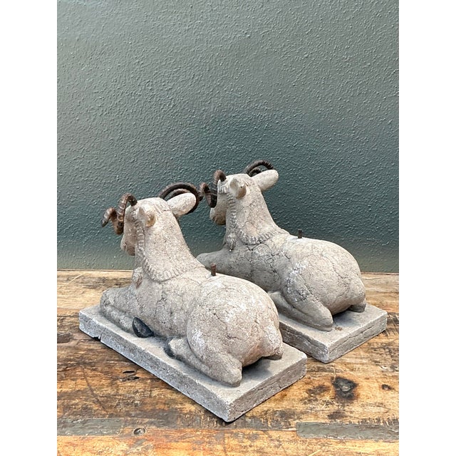 Vintage Plaster and Metal Ram Sculptures - Pair For Sale - Image 10 of 12
