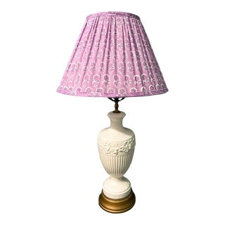 Vintage White Wedgwood Lamp With Printed Pleated Shade For Sale