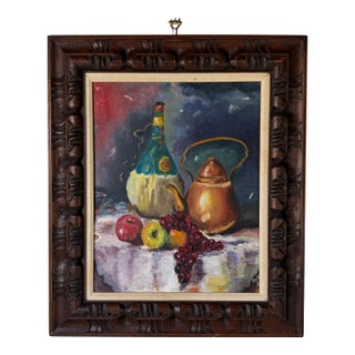 1960's Mid-Century Wine & Fruits Oil Painting on Masonite Board – Framed For Sale