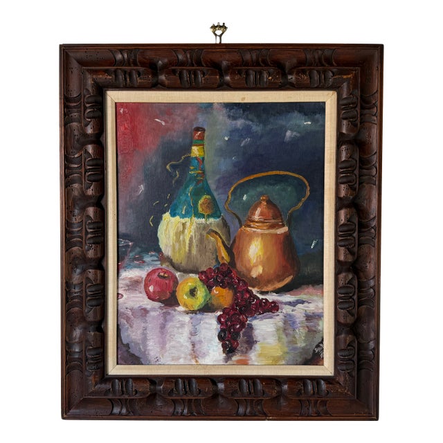 1960's Mid-Century Wine & Fruits Oil Painting on Masonite Board – Framed For Sale