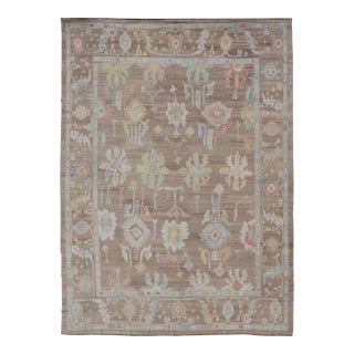 Turkish Oushak Rug With All-Over Floral Design on a Light Brown Field 13'4"x17'6" For Sale