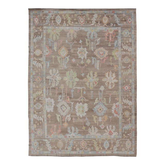 Turkish Oushak Rug With All-Over Floral Design on a Light Brown Field 13'4"x17'6" For Sale