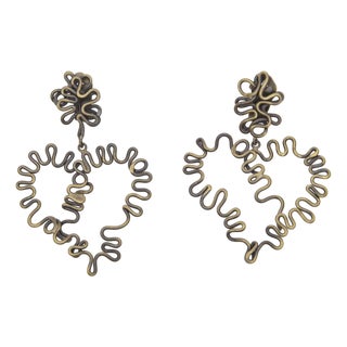 Vintage Artisan Squiggly Hand Wrought Brass Clip on Dangle Earrings, !970's For Sale