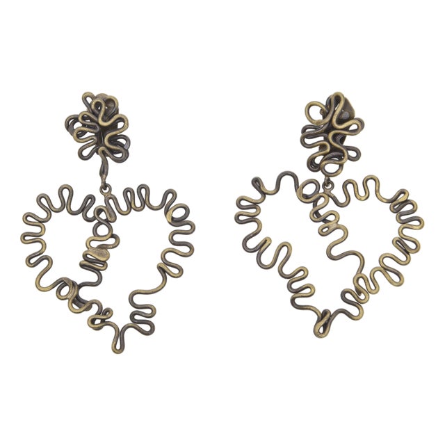 Vintage Artisan Squiggly Hand Wrought Brass Clip on Dangle Earrings, !970's For Sale