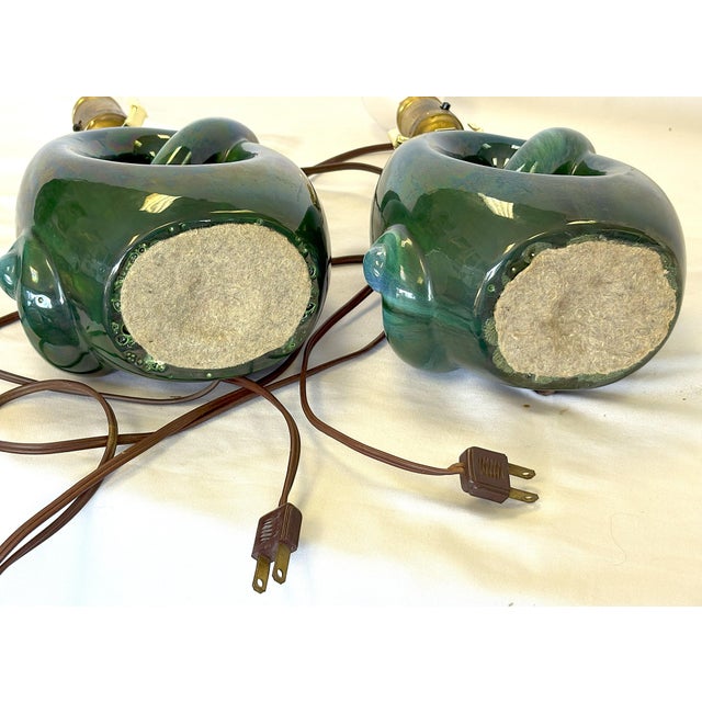 Mid Century Modern Royal Haeger Style Green-Blue Drip Glaze Ceramic Lamps- A Pair For Sale - Image 11 of 12