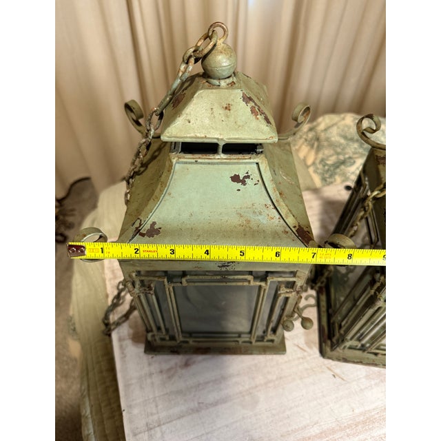 Pair of Vintage Metal Chinoiserie Pagoda-Style Hanging Lanterns With Weathered Sage Green Finish For Sale - Image 9 of 12