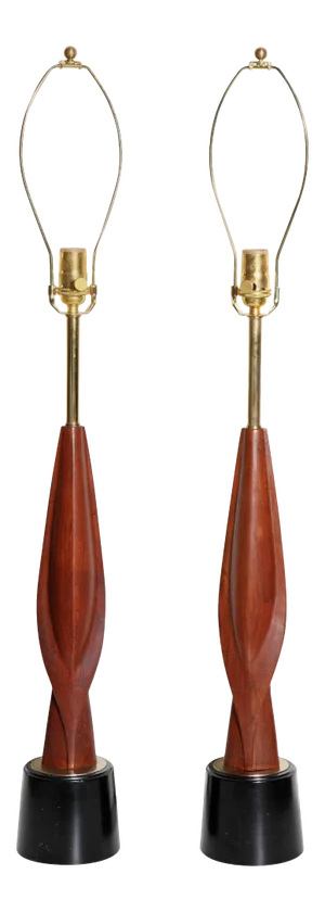 1960s Tall Laurel Lamp Co. Walnut & Black Enamel Biomorphic Table Lamps - a Pair