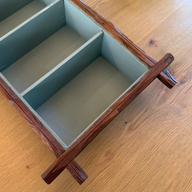 Wood Vintage Folk Art Rustic Twig Wall Shelf With Blue-Green Interior For Sale - Image 7 of 10