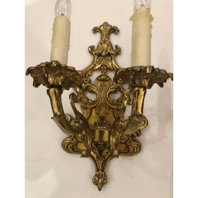1950s Louis XV Style Cast Bronze 2 Branch Wall Sconces - A Pair For Sale - Image 5 of 12