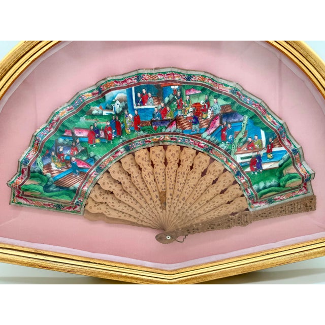 19th Century Chinese Export Fan With Finely Pierced Boxwood Sticks and Hand-Painted Scene, Framed For Sale - Image 9 of 9
