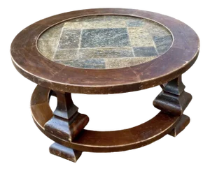 Round Coffee Table in Stone and Wood, 1980s