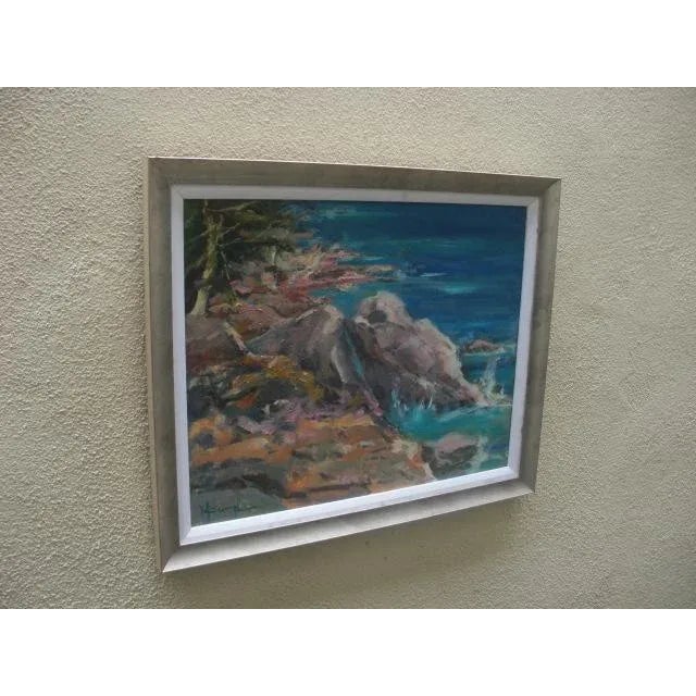 Impressionist Style Seascape with Waves Crashing and Rocky Shoreline Painting For Sale - Image 4 of 7