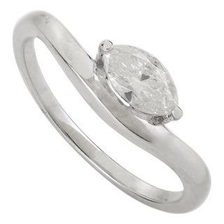 Marquise Cut Diamond Contemporary Soliatire Ring Wave Band Size 6 in 14k White Gold For Sale