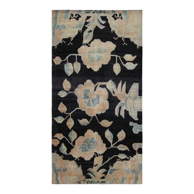 Rug & Kilim’s Chinese Art Deco Style Rug, Midnight Blue With Floral Patterns For Sale