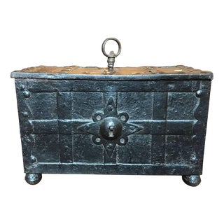 Early 17th Century Medieval Handcrafted Black Iron Coffer or Box, 1610 For Sale