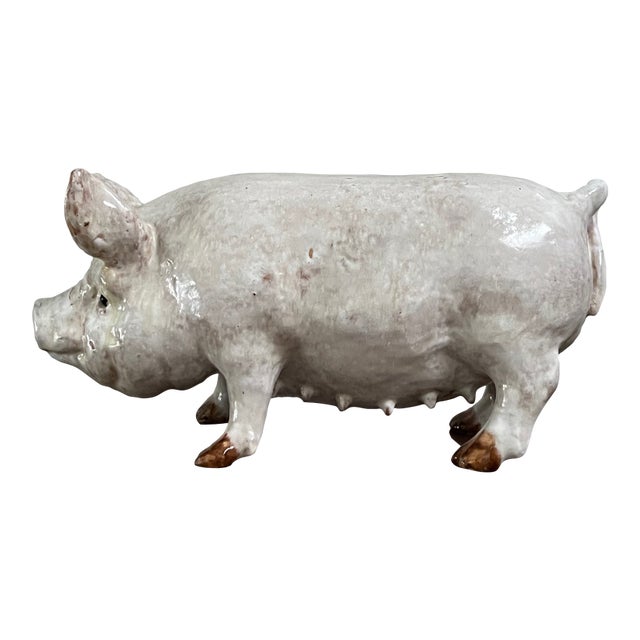 Terra Cotta Tin Glazed Pig With Glass Eyes For Sale