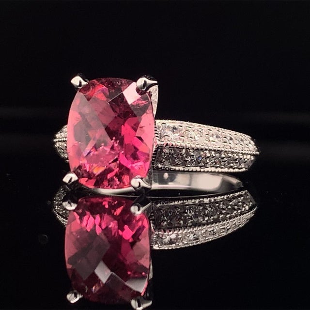 Diamond Tourmaline Rubellite Ring 6.75 14k Gold 4.10 TCW Women Certified For Sale In New York - Image 6 of 16