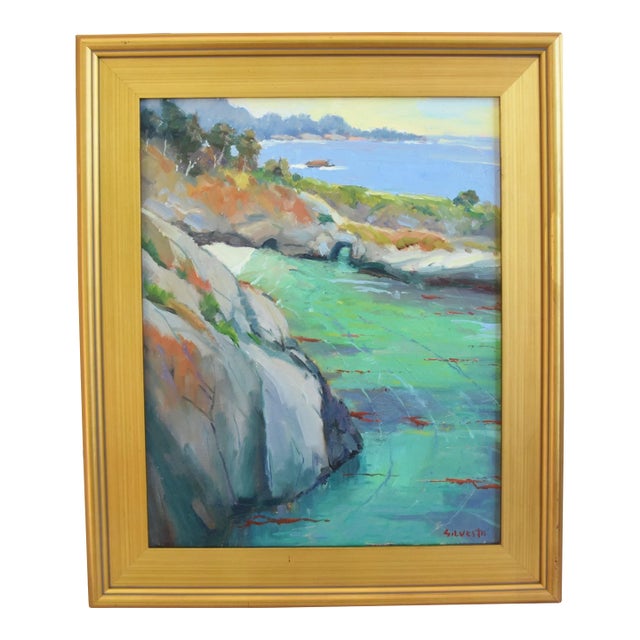 Silvio Silvestri, Listed Artist Seascape Landscape Oil Painting Including the Antiqued Gold Wood Frame For Sale