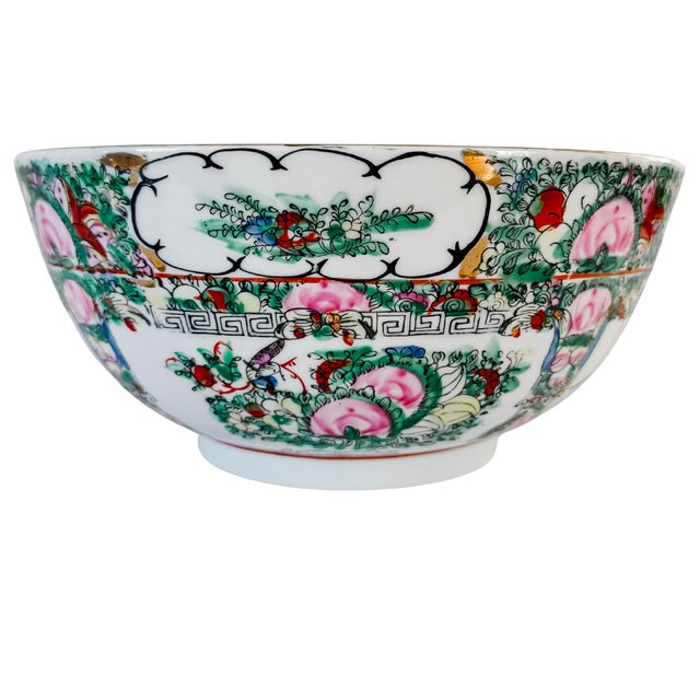 1970s 1970s Chinese Rose Medallion Hand-Painted Porcelain Punch Bowl With Carved Wood Stand For Sale - Image 5 of 13