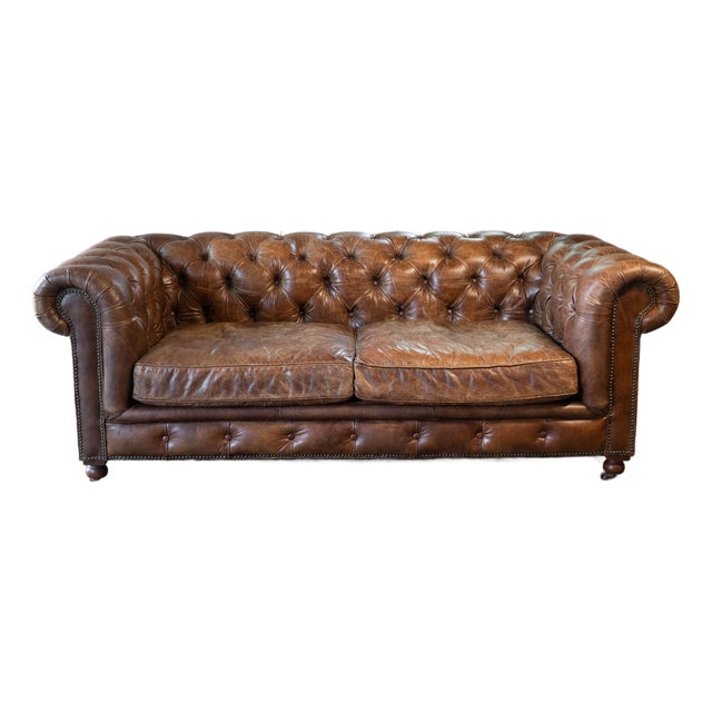 Restoration Hardware Distressed Cigar Leather Kensington Luxe Sofa For Sale