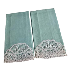 Pair of Vintage Mid 20th Century "His & Hers" Linen & Lace Green Hand Towels