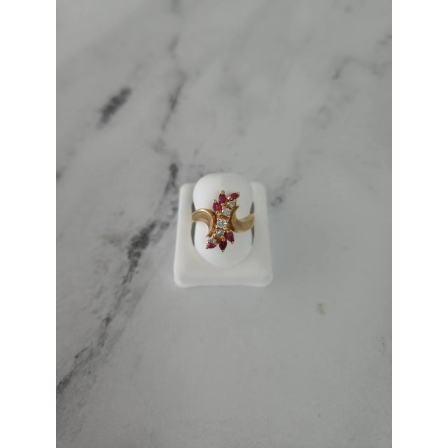 Marquise Ruby & Diamond Vertical Cluster Ring 14k Yellow Gold, Size 6 For Sale - Image 4 of 4