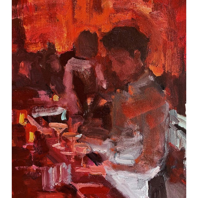 Cruise Room #8 by Jim Beckner | Oil on canvas Interior of a bar with patrons and drinks. For Sale - Image 4 of 4