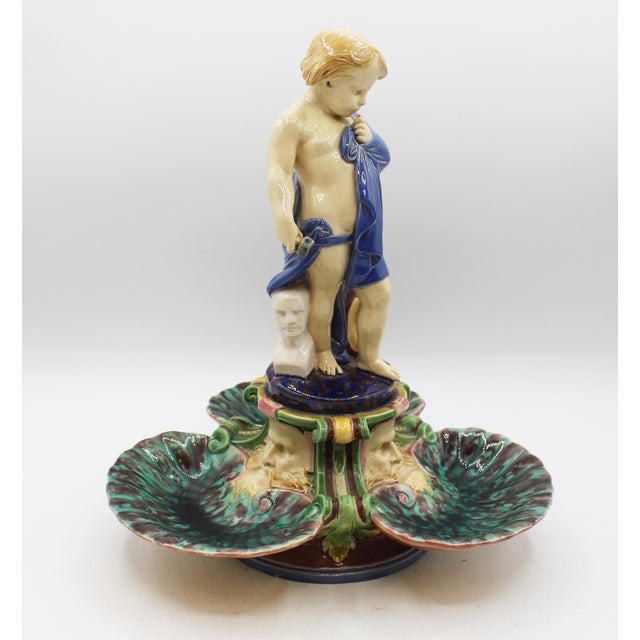 English circa 1861 majolica centerpiece sweetmeat server by Minton. Symbolizing The Arts form a series also including...
