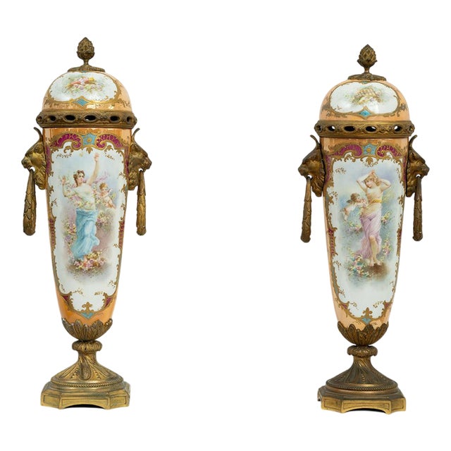Antique Napoleon III Vases in Polychrome Sevres Porcelain, France, 19th Century, Set of 2 For Sale