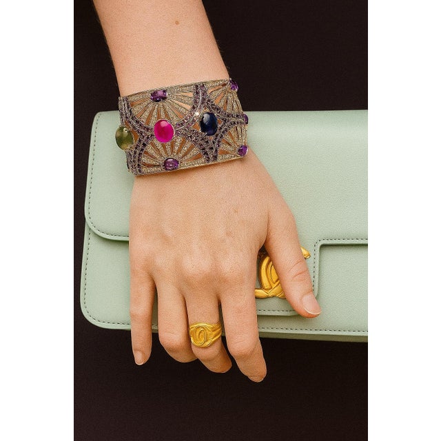 Gemstone Bochic "Capri" Vintage Ruby, Sapphire & Emerald Cuff Set In 18K Gold & Silver For Sale - Image 7 of 18