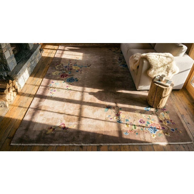1920s Tan Taupe Garden Antique Chinese Art Deco Carpet 8'9" X 11'6" Handknotted Wool Rug For Sale - Image 16 of 18