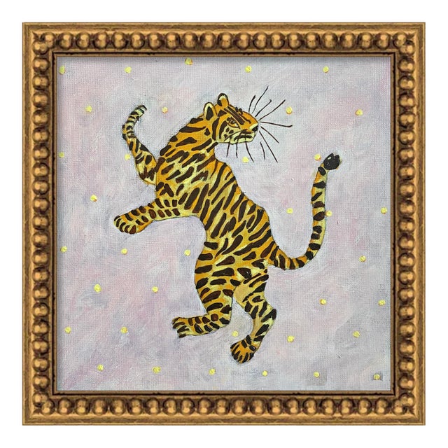 Chinoiserie Tiger Painting, Whimsical Leopard Original Art Acrylic Animal by Tatiana Duperault For Sale