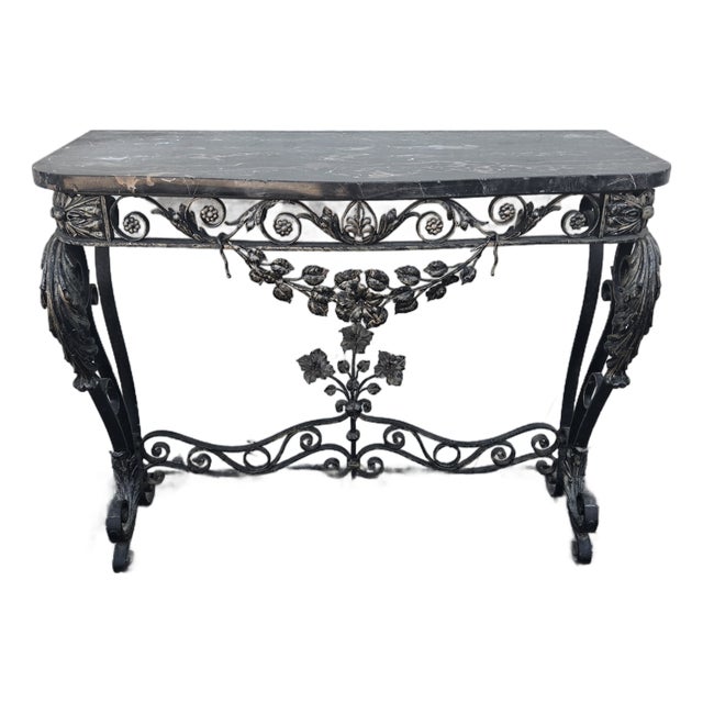 1920's French Wrought Iron Console Table Adorned W Flowers W Marble Top For Sale