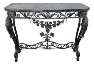 1920's French Wrought Iron Console Table Adorned W Flowers W Marble Top