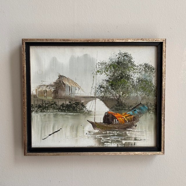 Mid-Century Modern Mid-20th Century Asian Impressionist Junk Boat Oil-on-Canvas -- Framed For Sale - Image 3 of 18