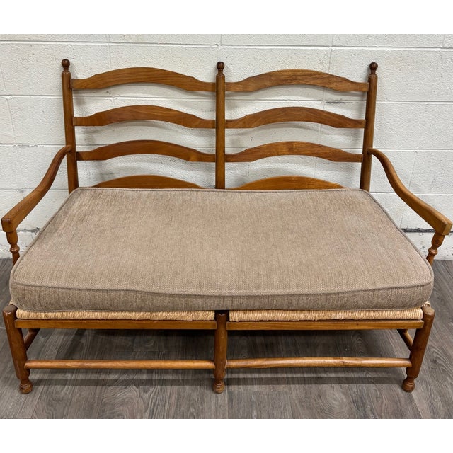 Vintage Country French Double Seat Ladder Back Rush Seat Bench Loveseat Settee For Sale - Image 4 of 16