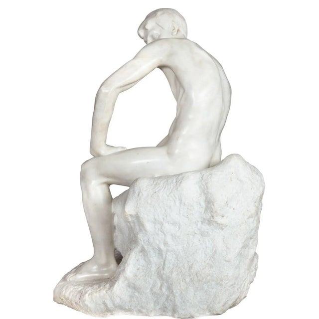 Art Deco Italian Carved Carrara Marble Art Deco Sculpture of “Stone Carver” by Barsanti For Sale - Image 3 of 12