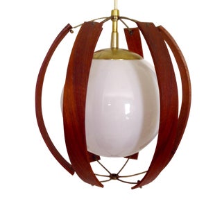 Midcentury Wood and Brass Globe Pendant Light For Sale