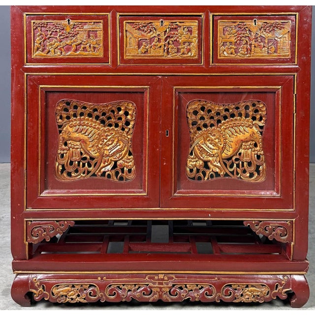 Chinese Chinese Red and Gilt Carved Three-Piece Cabinet, Likely Early-20th Century For Sale - Image 3 of 9