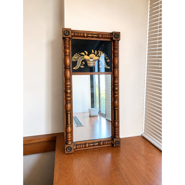 Gorgeous vintage Lambert Hitchcock Trumeau mirror with a fruit basket design (not faded) in excellent vintage condition.