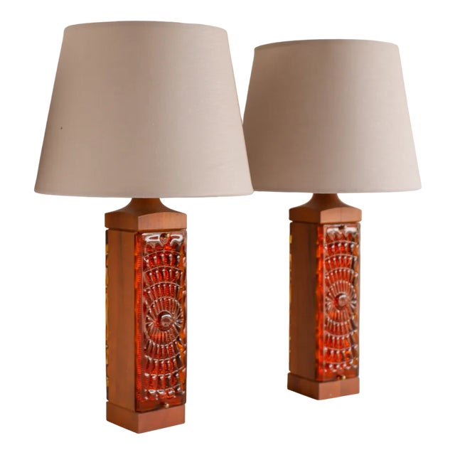 Large Mid-Century Modern Scandinavian Teak and Glass Table Lamps from Hovmantorp, Set of 2 For Sale