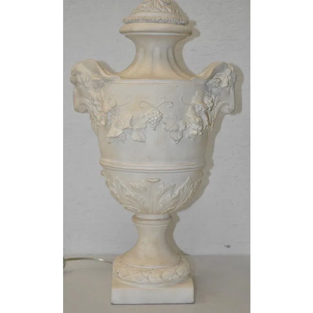 Plaster Urn Lamp with Rams Head Handles c.1950s Beautiful urn lamp with ram headed handles and grapes. This large plaster...