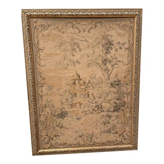 19th Century Hand Woven, Linen Tapestry of a Pastoral Cottage Scene in Muted Peach and Green 28"x38" Inches, Framed Ready to Hang For Sale